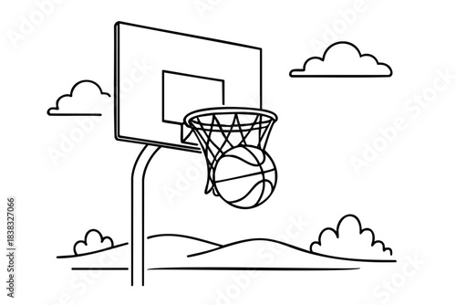 A basketball is in the air, about to go through a hoop. The sky is cloudy, and the scene is set in a park