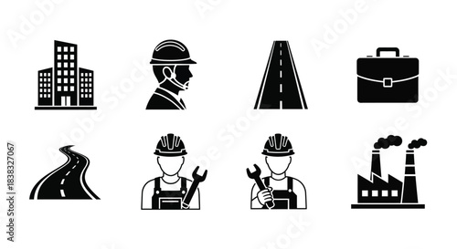 Industrial icons set showcasing construction factories and infrastructure elements