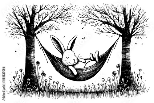 A rabbit is sleeping in a hammock between two trees. The scene is peaceful and relaxing. The rabbit is the main focus of the image, and the hammock and trees provide a serene and calming atmosphere