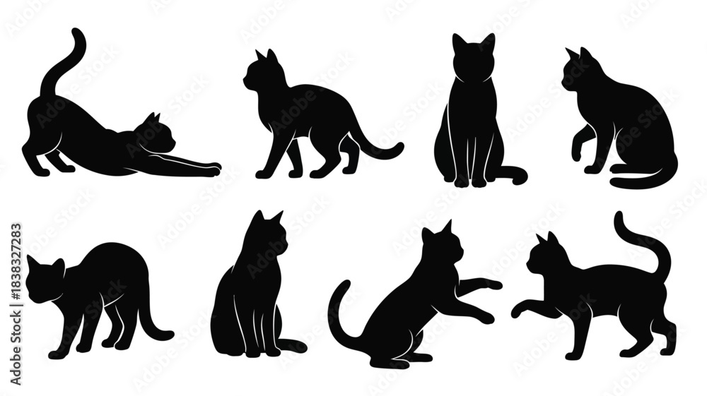 Fototapeta premium Various silhouettes of cats in different poses against a white background