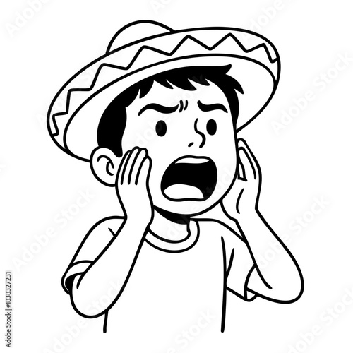 A Mexican boy in sombrero holds his hands to his face and screams in surprise.