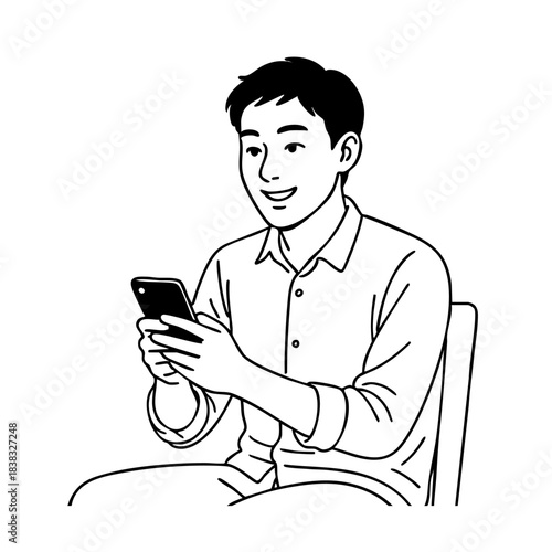 A Korean guy with a phone in his hand sits on a chair and smiles, sketch.