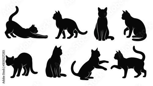Various silhouettes of cats in different poses against a white background