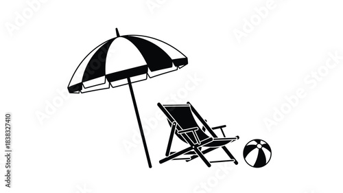 A beach setup with a striped umbrella chair and a beach ball