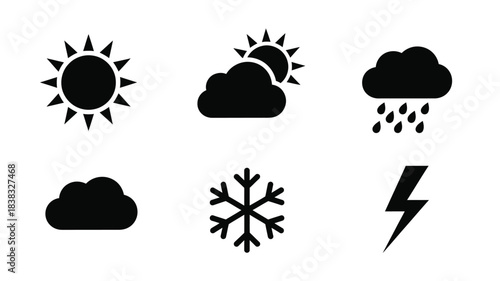 Simple black weather icons depicting sun clouds rain snow and lightning