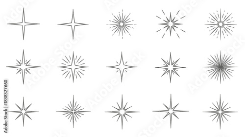 Collection of diverse black and white starburst and sparkle graphic elements