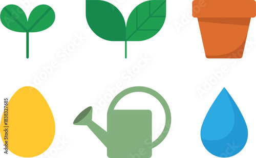 Colorful gardening icons, seed, sprout, plant leaves, watering can, water drop, flower pot, flat design, agriculture symbols, nature illustration set