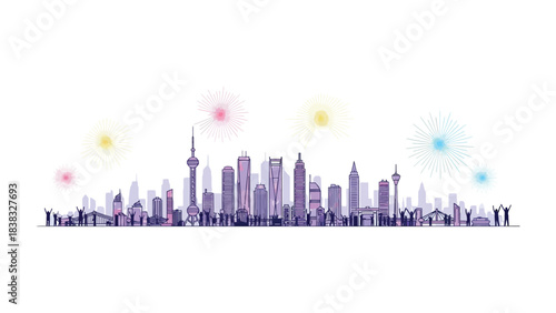 Cityscape Celebration: A stylized cityscape silhouette, alive with the pulse of urban life, celebrates an event with bursts of colorful illumination, embodying the dynamic spirit of a metropolis.