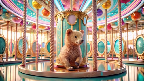 A whimsical young bear cub sits patiently within a vibrant carousel's ornate central column, surrounded by a magical, enchanting atmosphere