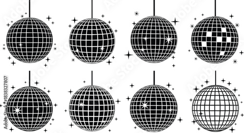 Set of black line art and silhouette disco balls with square mirror tiles and sparkling star flashes, perfect for retro dance and nightclub party vector illustration on white.