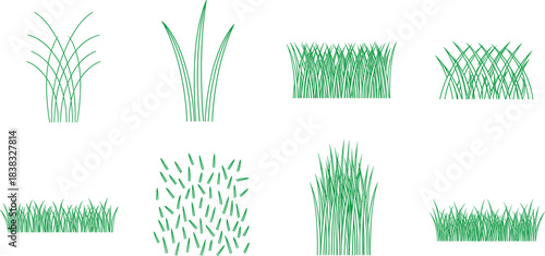 Vector Collection of Simple Flat Grass Clumps and Blades in Green Outline and Fill Styles