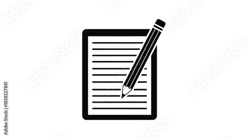 A black pencil resting atop a lined notepad or document page icon