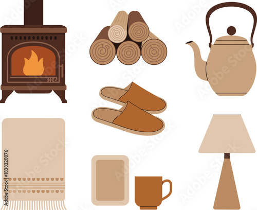 cozy home icons, wood stove, firewood, kettle, coffee mug, slippers, blanket, lamp, warm hygge interior essentials