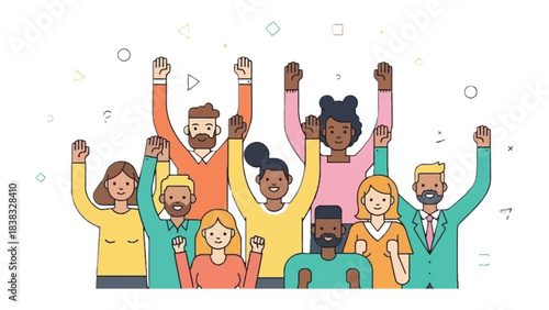 Unified Solidarity: a diverse group of people from different backgrounds come together with arms raised in a display of unity. This illustration is a celebration of community, inclusion.
