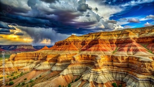 A Dramatic Sunset Illuminates the Vibrant Hues of a Rugged, Layered Rock Formation Under a Tempestuous Sky