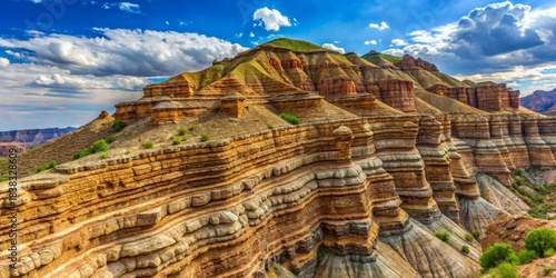A Majestic Panorama of Sedimentary Rock Formations Under a Vivid Blue Sky