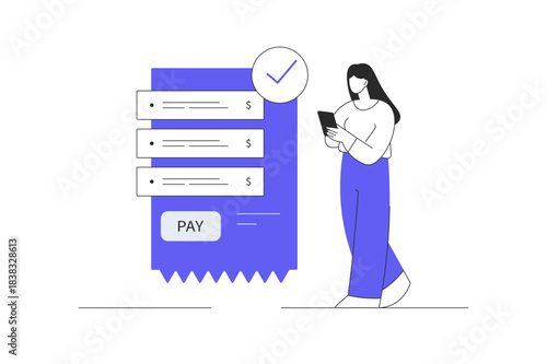 Success approved payment bill invoice. Woman on phone  check mark notification on paper receipt. Flat Cartoon Vector Illustration, icon Stylish abstract design landing page web