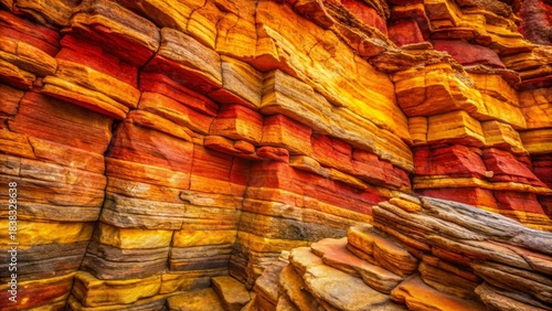 A Vibrant Tapestry of Layered Sedimentary Rock Formations in Warm Hues of Red, Orange, and Yellow, Showing the Geological Processes of Time and Nature's Artistic Expression