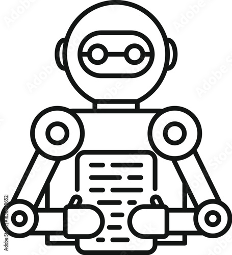 Robot reading electronic document icon, artificial intelligence holding data report