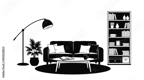 A minimalist living room illustration featuring a sofa lamp and bookcase