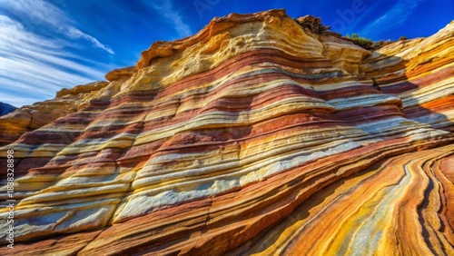 Striated sandstone formations exhibiting a vibrant palette of earth tones under a brilliant blue sky
