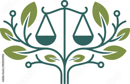 Eco justice logo, balance scale with leaves, legal symbol, environmental law design, sustainability emblem, nature protection icon, ecology illustration