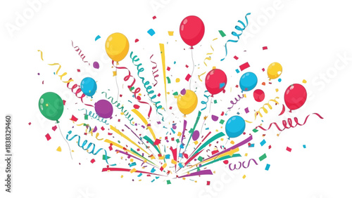 Celebration Blast of Color: A vibrant explosion of balloons, confetti, and ribbons bursts forth, creating a celebratory atmosphere of joy and excitement.
