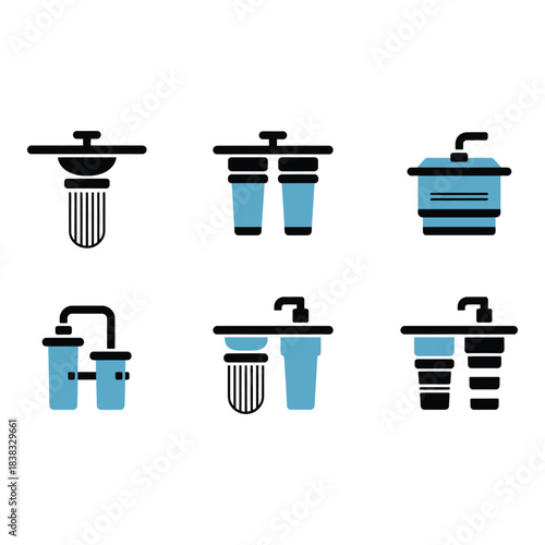 Set of six different water filter icons in a grid layout