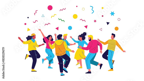 Celebration and Joy: a group of people dancing happily with colorful confetti and streamers in the air, creating a lively party atmosphere.