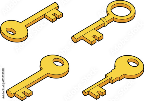 3D golden keys, isometric key set, gold house keys, security keys, locksmith icons, metal key collection, access keys illustration