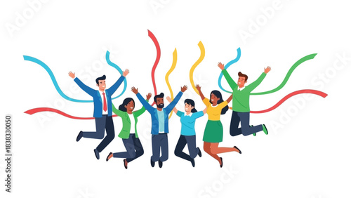 Celebration of Unity: A vibrant illustration showcasing a diverse group of individuals jumping for joy, their arms raised in celebration, accompanied by colorful streamers. 