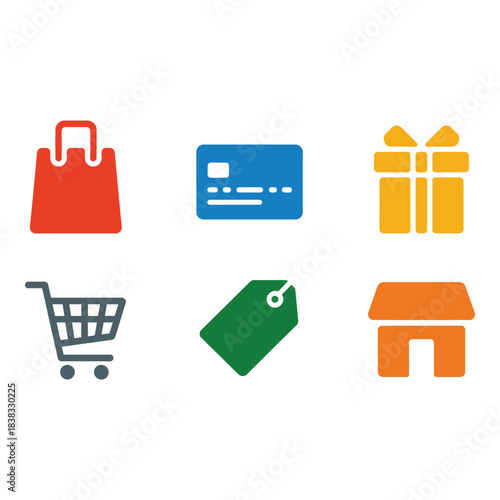 Colorful e commerce and shopping icons set on a light background