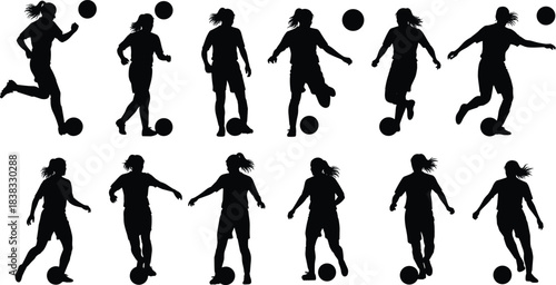 Set of black silhouette female soccer players in various action poses, including dribbling, kicking, and running with the ball, isolated sport vector illustration on white background.