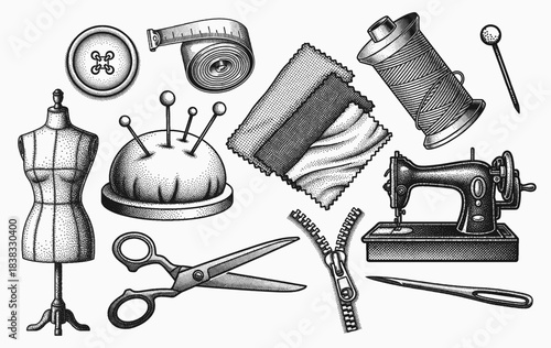 vintage sewing tools set: mannequin, scissors, thread, pin cushion, and antique sewing machine, in retro halftone stipple effect style tailoring collection