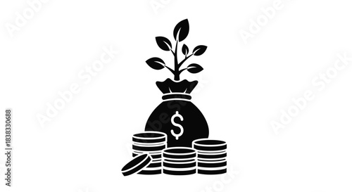 Money growth concept a bag of cash with coins and a sprouting plant