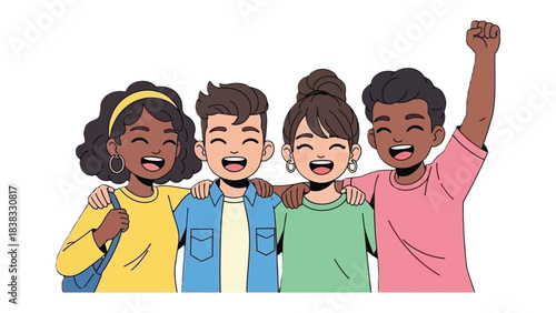 Unity's Embrace: A vibrant illustration showcasing a diverse group of friends, arm in arm, radiating joy and camaraderie, symbolizing friendship's unwavering bond.