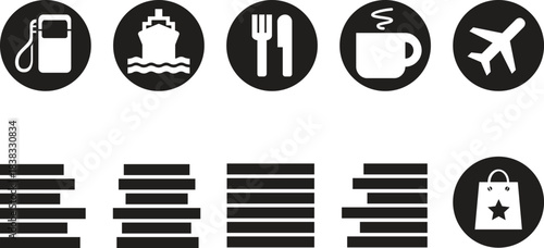 Simple Black and White Icons Representing Various Aspects of Daily Life and Travel Experiences for Modern Living