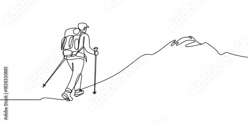 Hiking Adventure on Scenic Mountain Path, Single Traveler with Backpack and Trekking Poles Climbing Toward Summit, Line Art Vector Illustration for Outdoor Activities