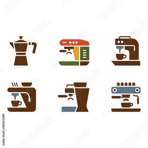 Collection of stylized coffee makers and espresso machines