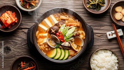 A bubbling bowl of Korean Doenjang Jjigae (fermented soybean paste stew) with clams, tofu, shiitake mushrooms, and scallions, accompanied by rice and traditional banchan like kimchi and pickled radish