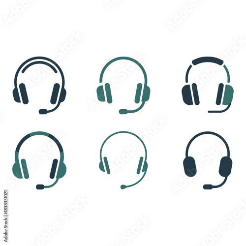 Collection of six different headset icons with microphones