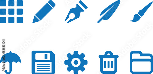 Set of ten isolated vector icons representing various software functions and general usage applications in a uniform style