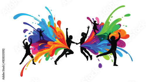 Harmony of Colors: Energetic silhouettes dance in a symphony of vibrant hues, their forms intertwining with a colorful explosion. Representing a moment of pure joy and celebration of togetherness.