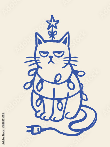 Christmas cat with lights sketch vector illustration