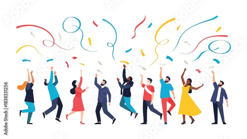 Confetti Celebration: Group of diverse people celebrate with confetti, illustrating concepts of celebration and happiness. 