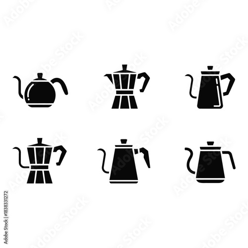Collection of six black silhouette coffee makers and teapots on white background