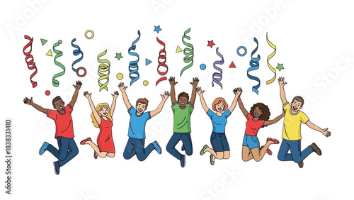 Celebration and Unity: A group of individuals jump in the air, with open arms, embraced in joyful celebration under a cascade of vibrant confetti.