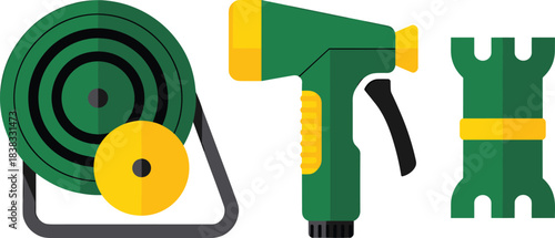 garden hose reel, water spray gun, hose connector, gardening tools set, flat vector illustration, irrigation equipment, outdoor garden supplies