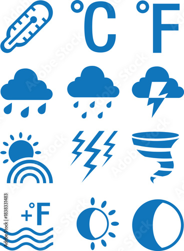 Weather Forecast Icons Set in Blue Representing Temperature Rain Lightning and Other Weather Elements Depicting Climatic Conditions