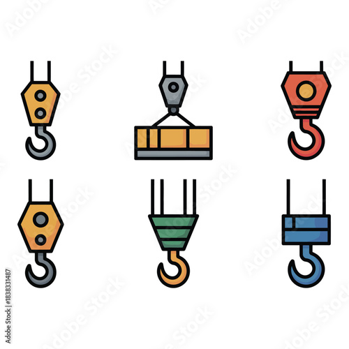 Collection of industrial crane hooks and lifting equipment icons
